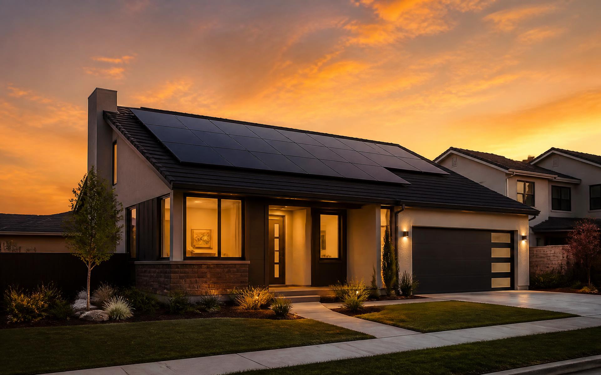 Modern suburban home with black rooftop solar panels at sunset